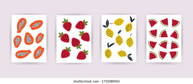 Abstraktes Plakatset für Obst. Moderne Tape-Flachelemente, Druckvorlagen für Einladungen, Flyer, Zeitschriftenabdeckung, Verpackungen. Collage Vektorillustration Illustration