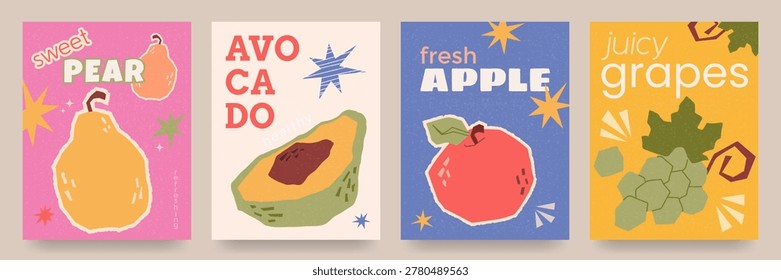 Abstract fruit posters. Bright backgrounds with modern, trendy textures, tropical fruits and bold typography. Geometric apple, pear, avocado and grape designs. Prints for kitchens, interiors and menus