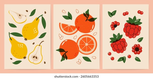 Abstract fruit posters. Modern minimalistic fruits art prints, organic food banners with hand drawn orange, pear raspberry fruits and berries. Vector contemporary set.