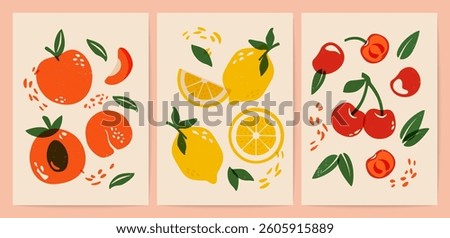 Abstract fruit posters. Modern minimalistic fruits art prints, organic food banners with hand drawn lemons, peach apricot and cherry fruits and berries. Vector contemporary set.