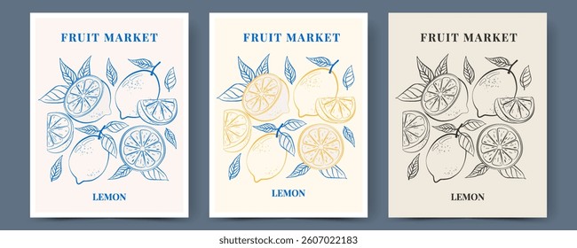 Abstract fruit posters set. Modern trendy design for print, wallpaper, wall decor, postcard, cover, t shirt with hand drawn lemon. 
