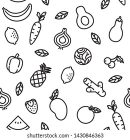 Abstract fruit seamless pattern with black white outline. Vector template for cards, banners, print fabric, t-shirt. Pastel colors.