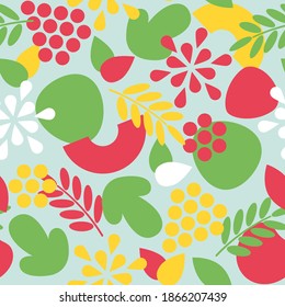 Resumen del patrón de frutos sin costura con uvas, frambuesas, fresas, manzanas, cerezas, flores y hojas. Fondo vectorial para el embalaje, papel de pared, tela