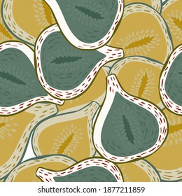 Abstract fruit seamless pattern with tropical fig elements. Yellow and green pale food backdrop. Designed for fabric design, textile print, wrapping, cover. Vector illustration.