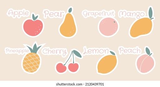 Abstract fruit shapes art print elements. Minimalist apple, pear, grapefruit, lemon, pineapple, cherry, mango, peach vector illustration.