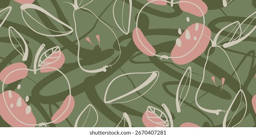 Abstract fruit shapes on olive green backdrop pattern