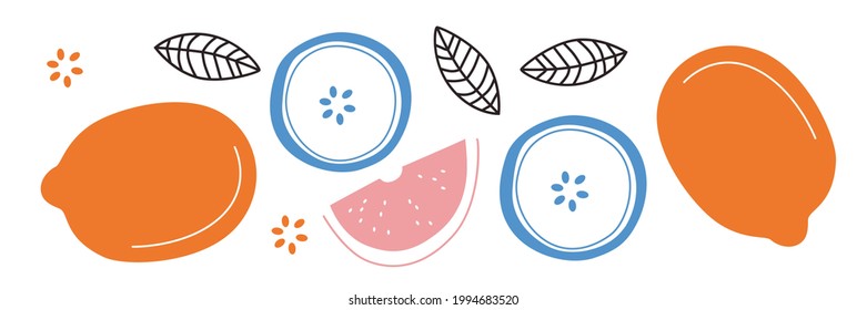 Abstract fruit vector illustration. Summer harvest cartoon elements. Banner apple, lemon. Drawings for poster, card or background. Cartoon flat fruits illustration