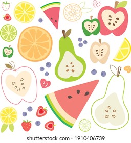 Abstract fruit vector set. Natural and delicious fruit. Citrus, vitamins. Orange, lemon and lime. Watermelon, strawberry, blueberry. Vegan kitchen. Organic fruit. Vegetarian food.