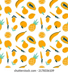 Abstract fruit and vegetables seamless pattern vegetarian food cute modern background. Fresh doodle funny pineapple, apple, sliced papaya, banan, pear, carrot, lemon, peach, pepper vector illustration