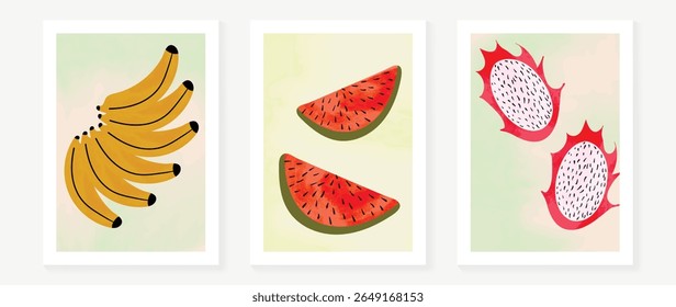 Abstract fruit wall art background vector set . Minimalist mid century modern drawing with banana, watermelon, dragon fruit. Contemporary art design for wallpaper, home decoration, cover, interior.