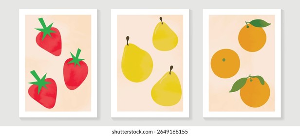 Conjunto de vetor de fundo de arte de parede de frutas abstrato . Minimalista meados do século desenho moderno com morango, pera, laranja. Design de arte contemporânea para papel de parede, decoração de casa, capa, interior.