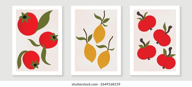 Abstract fruit wall art background vector set . Minimalist mid century modern drawing with tomato, mango, cherry. Contemporary art design for wallpaper, home decoration, cover, interior.