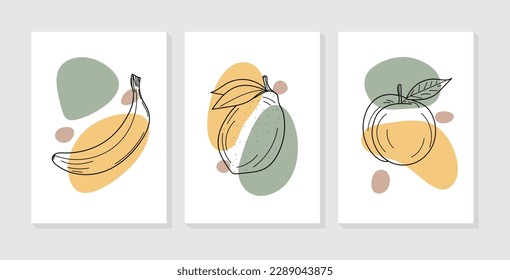 Abstract fruit wall art collection. Set of health fruits with organic shapes for print, wallpaper, interior, poster, cover, banner. Vector illustration