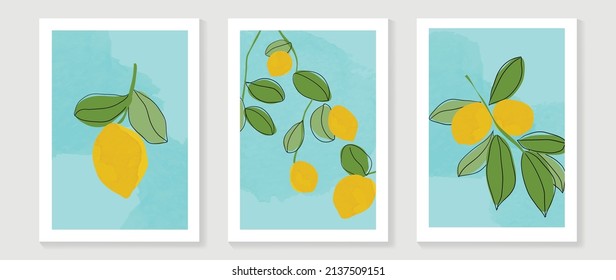 Abstract fruit wall art set. Collection of minimal line art with yellow lemon, oranges, citrus, branches. Summer season watercolor design perfect for decoration, interior, background, wallpaper. - Shutterstock ID 2137509151