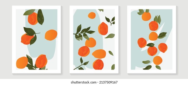 Abstract fruit wall art set. Collection of minimal drawing with branches, oranges, lemon and citrus. Spring season watercolor perfect for decoration, interior, background, wallpaper. - Shutterstock ID 2137509167