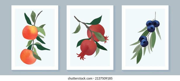 Abstract fruit wall art set. Collection of minimal drawing with branches, oranges, pomegranate and blackberries. Spring season watercolor perfect for decoration, interior, background, wallpaper.