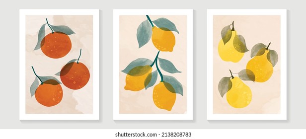 Abstract fruit wall art set. Collection of minimal drawing with branches, oranges, lemon and citrus. Spring season watercolor perfect for decoration, interior, background, wallpaper.