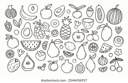 Abstract fruits and berries doodle big set. Vegetarian organic food hand drawn sketch. Vector icon