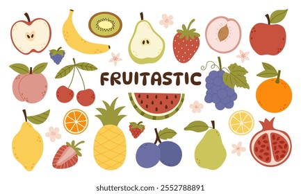 Сolorful abstract fruits and berries. Vegetarian organic food. Hand drawn vector illustration for healthy eating, vegan lifestyle, and fresh nutrition designs