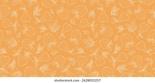 Abstract fruits, branches, leaves. Seamless pattern, doodle illustration. Apples, pears icons. Vegetarian food, healthy eating. Repeating background. Repeating background.