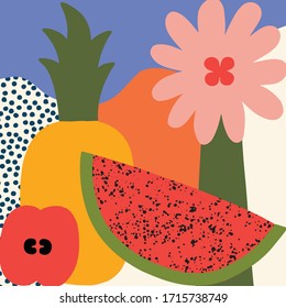 Abstract fruits collage. Colorful trendy vector illustration. Abstract nature illustration with fruits and flowers for prints. Hand-drawn vector graphics. Abstract bright fruits background.