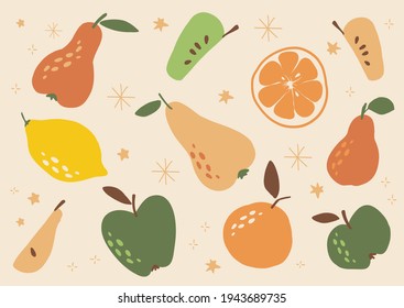 Abstract fruits collection. Composition of apples, pears, lemon and grapefruit. Healthy food for vegan in modern style, colorful fruit vector set. Summer vitamins