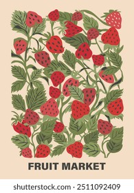 Abstract fruits composition print. Cute retro groovy strawberries poster. Modern trendy matisse minimal style design for wall prints.