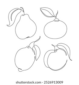 Abstrakte Fruchtzeichnung. Kontinuierliche einzeilige Kunst der Früchte. Zitronenkalk Mandarine Birne Pfirsichfrucht-Set. Minimalistische lineare Vektorgrafik
