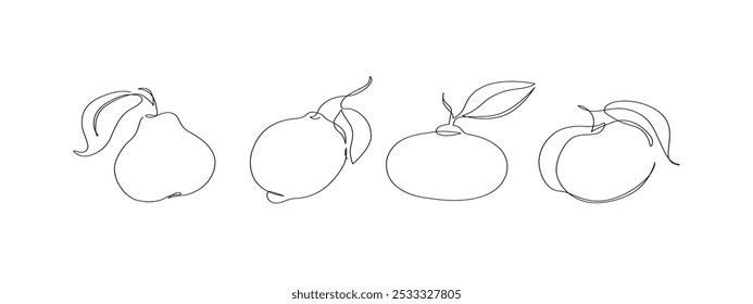 Abstract fruits drawing. Continuous one line art of fruits. Lemon lime mandarin pear peach fruit set. Vector minimalistic linear illustration