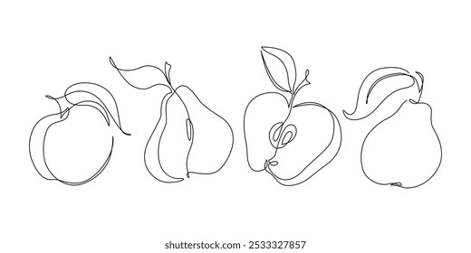 Abstract fruits drawing. Continuous one line art of fruits. Apple pear peach fruit set. Vector minimalistic linear illustration