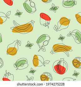 Abstract  fruits are drawn with one line. Art Line Style Seamless Pattern Vector Graphics The background is isolated.