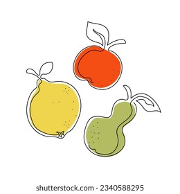 Abstract fruits, food lemon, apple, pear. Set, collection, line art, drawing. Vector Illustration on a white isolated background.