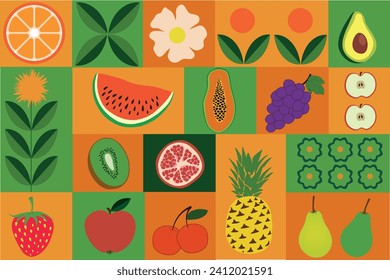 Abstraktes Fruchtmuster nahtlos. Moderner Kunstdruck. Set von tropischen Zitrusfrüchten. Sommervektordesign für Karten, Einladungen, Poster, Banner