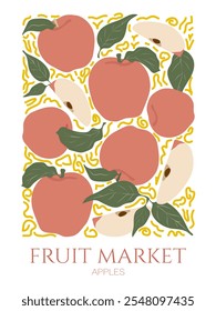 Abstract fruits poster with apples design. Modern apples print in contemporary style. Trendy groovy vector illustration.