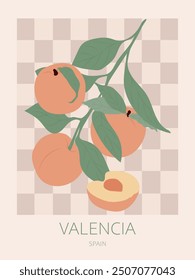 Abstract fruits poster. Retro groovy trendy peaches design for wall prints in 70s matisse style. Vector illustration.