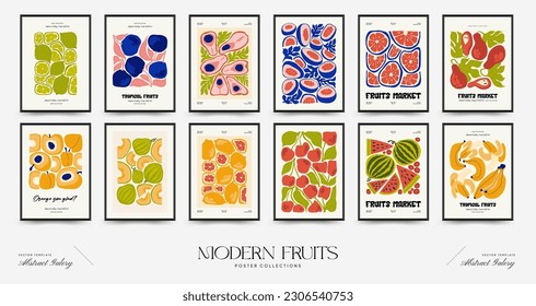 Abstract fruits posters template. Modern trendy Matisse minimal style. Exotic Healthy Food. Hand drawn design for wallpaper, wall decor, print, postcard, cover, template, banner.