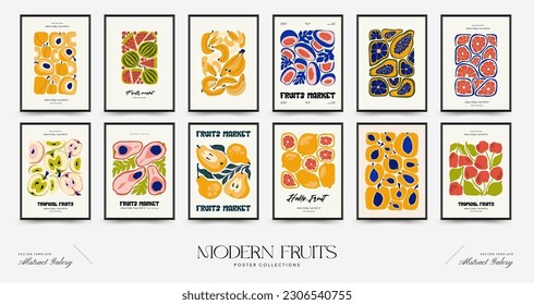 Abstract fruits posters template. Modern trendy Matisse minimal style. Exotic Healthy Food. Hand drawn design for wallpaper, wall decor, print, postcard, cover, template, banner.