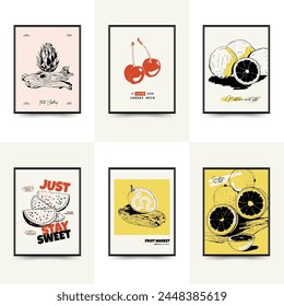 Abstract fruits posters template. Modern trendy Matisse minimal style. Exotic Healthy Food. Hand drawn design for wallpaper, wall decor, print, postcard, cover, template, banner.