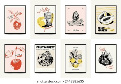 Abstract fruits posters template. Modern trendy Matisse minimal style. Exotic Healthy Food. Hand drawn design for wallpaper, wall decor, print, postcard, cover, template, banner.