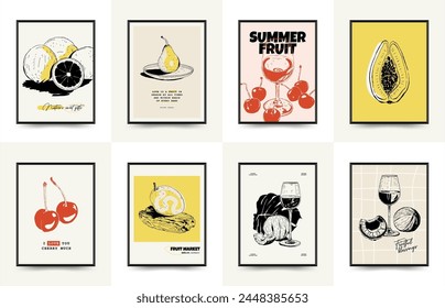 Abstract fruits posters template. Modern trendy Matisse minimal style. Exotic Healthy Food. Hand drawn design for wallpaper, wall decor, print, postcard, cover, template, banner.