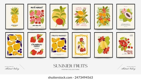 Abstract fruits posters template. Modern trendy Matisse minimal style. Exotic Healthy Food. Hand drawn design for wallpaper, wall decor, print, postcard, cover, template, banner.