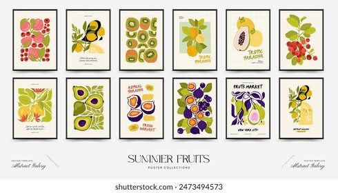 Abstract fruits posters template. Modern trendy Matisse minimal style. Exotic Healthy Food. Hand drawn design for wallpaper, wall decor, print, postcard, cover, template, banner.