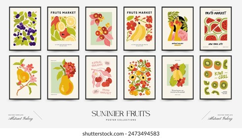 Abstract fruits posters template. Modern trendy Matisse minimal style. Exotic Healthy Food. Hand drawn design for wallpaper, wall decor, print, postcard, cover, template, banner.