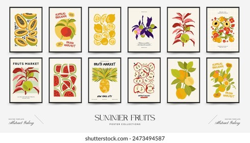 Abstract fruits posters template. Modern trendy Matisse minimal style. Exotic Healthy Food. Hand drawn design for wallpaper, wall decor, print, postcard, cover, template, banner.
