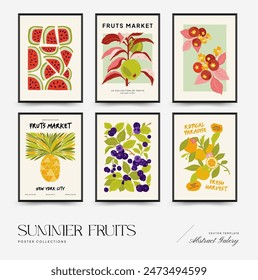 Abstract fruits posters template. Modern trendy Matisse minimal style. Exotic Healthy Food. Hand drawn design for wallpaper, wall decor, print, postcard, cover, template, banner.