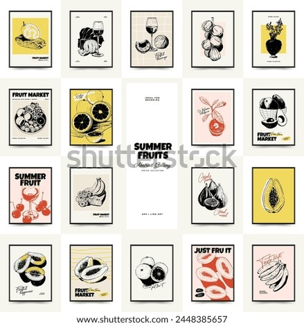 Abstract fruits posters template. Modern trendy Matisse minimal style. Exotic Healthy Food. Hand drawn design for wallpaper, wall decor, print, postcard, cover, template, banner.
