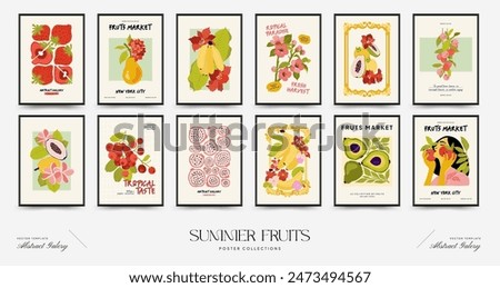 Abstract fruits posters template. Modern trendy Matisse minimal style. Exotic Healthy Food. Hand drawn design for wallpaper, wall decor, print, postcard, cover, template, banner.