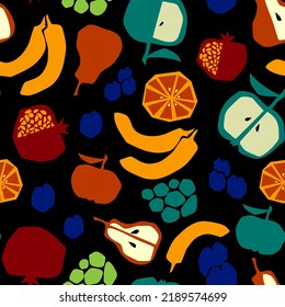 Resumen de frutos sin fisuras. Diseño de esbozo de vector plano. Textil, papel, envoltura, paquete.