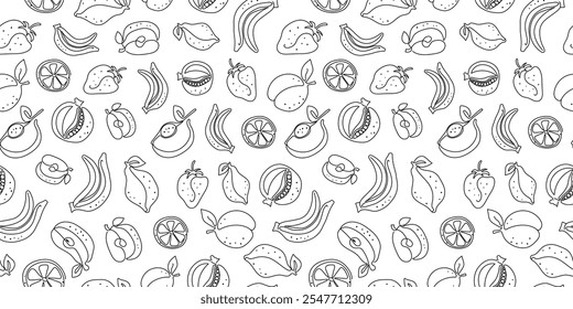Abstract fruits. Seamless pattern. Line art style. Single line drawings. Whole and slice ​​fruits. Repeating pattern for textiles, packaging, wallpaper, scrapbooking