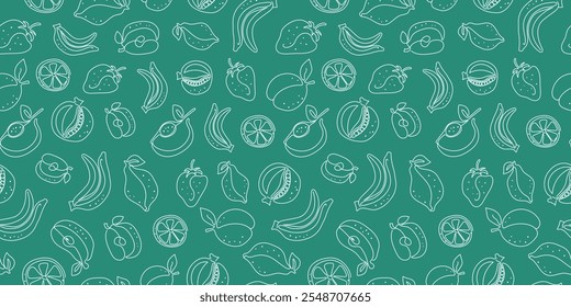 Abstract fruits. Seamless pattern. Line art style. Single line drawings. Whole and slice ​​fruits. Repeating pattern for textiles, packaging, wallpaper, scrapbooking
